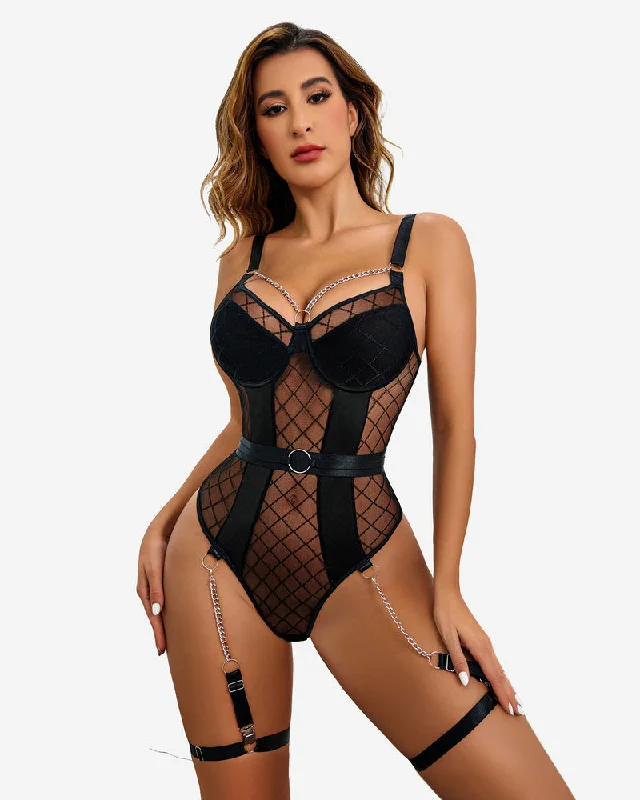 Push Up Bra Mesh Bodysuit Set with Chain