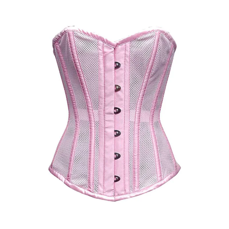 Baby Pink Satin Mesh Steampunk Sheer Overbust Corset