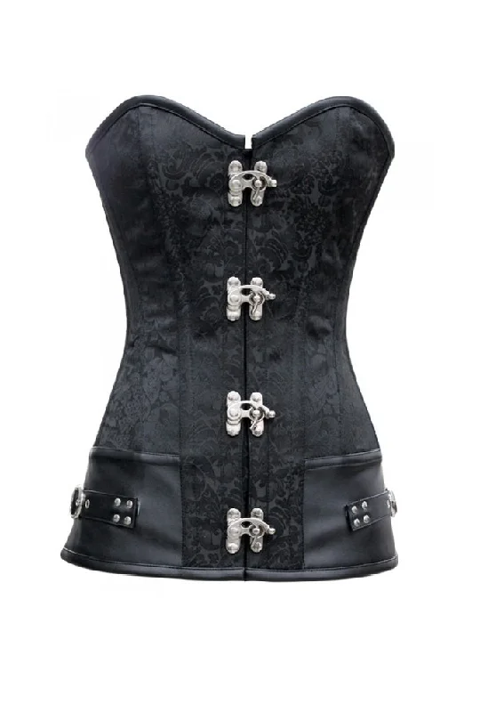 Black Black Brocade LONGLINE Overbust Corset Waist Training Steampunk Costume