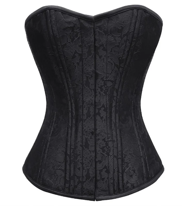 Black Brocade Spiral Steel Boned Overbust Plus Size Corset Waist Training Front Closed Bustier Top