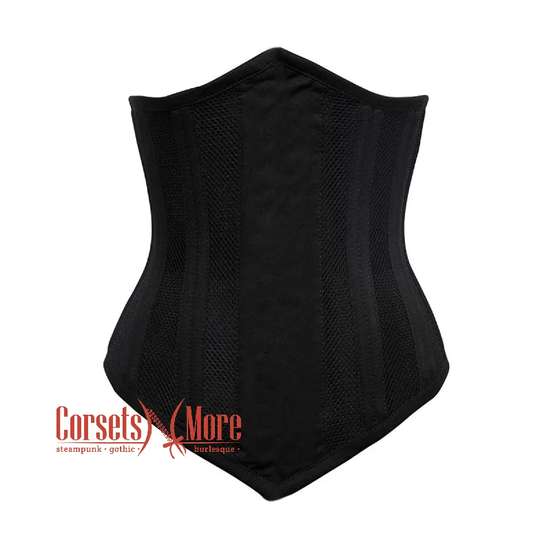 Black Cotton Mesh Double Boned Front Close Long Underbust Steampunk Corset