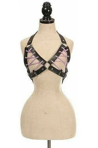 Black Faux Leather Lace-Up Bra Top - Lavender