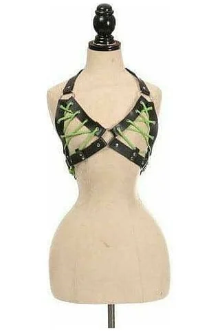 Black Faux Leather Lace-Up Bra Top - Neon Green