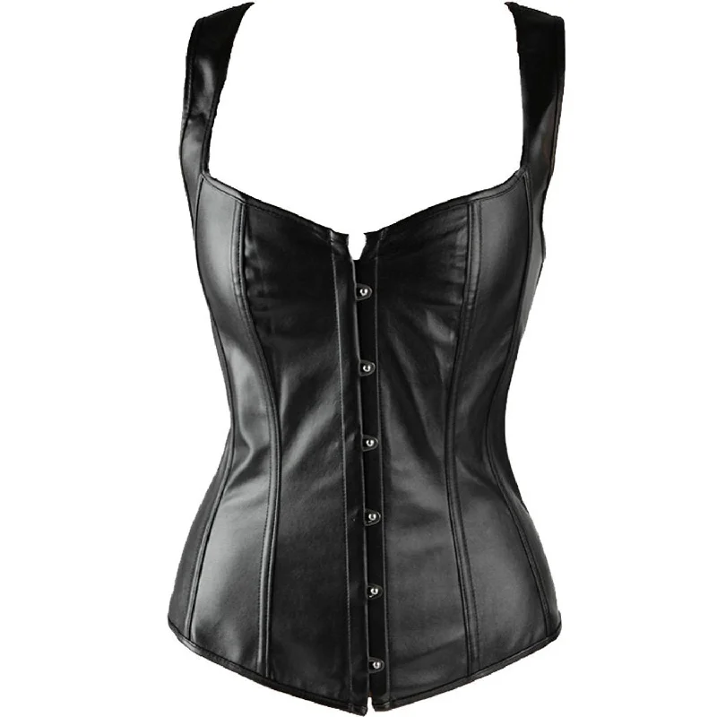 Black Faux Leather Plus Size Shoulder Straps Cincher Basque Overbust Waist Training Black Corset Top