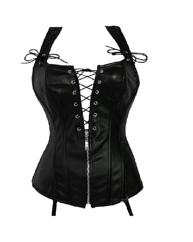 Black Faux Leather Zipper And Lacing Overbust Corset Waist Training