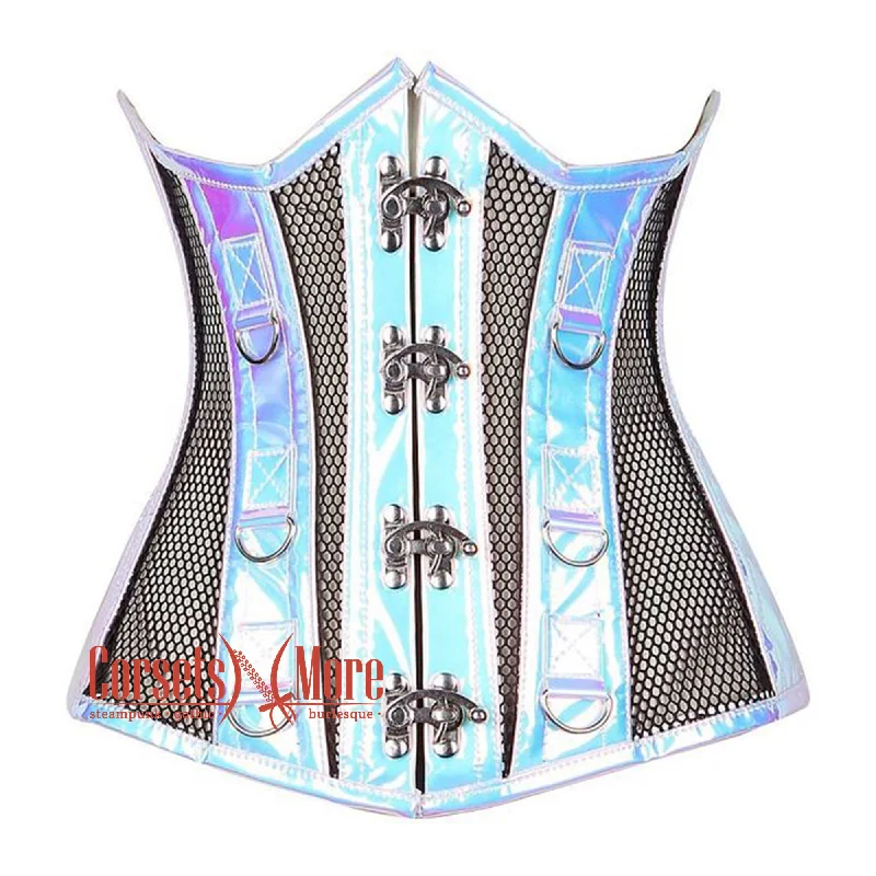 Black Mesh Silver Faux Leather Steampunk Underbust Bustier Corset