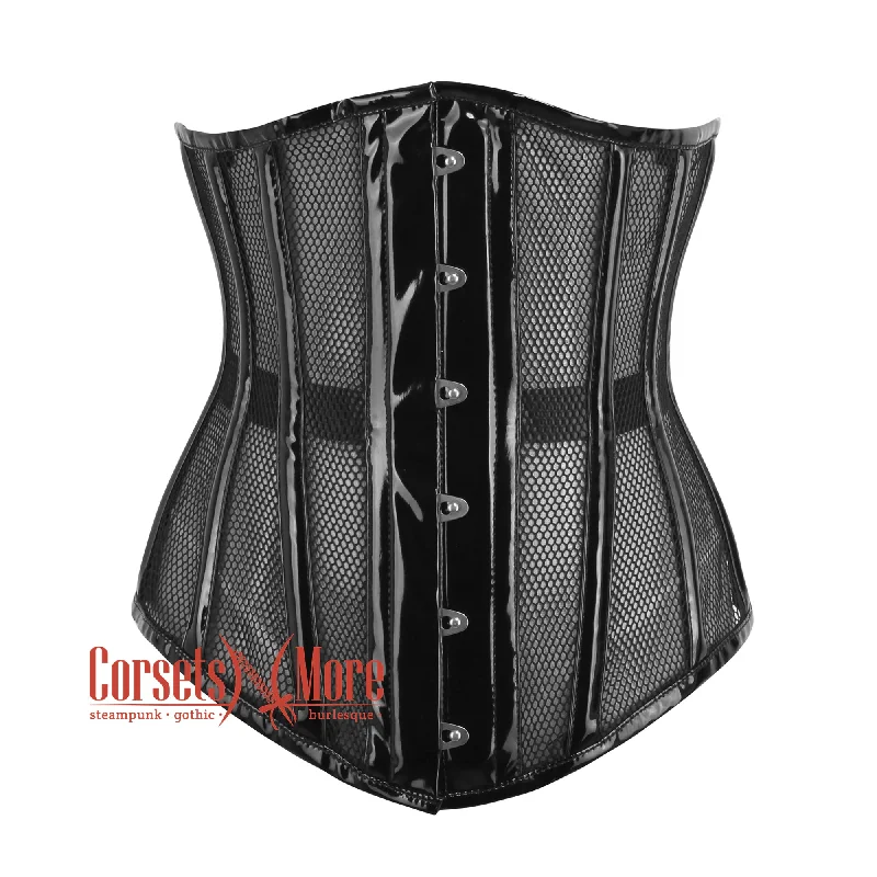 Black PVC Strip Black Net Waist Cincher Bustier Underbust Sheer Corset