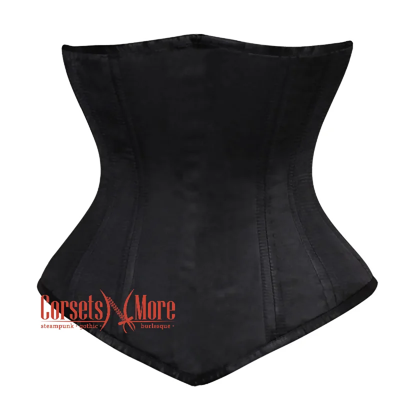 Black Satin Double Boned Front Close Longline Underbust Steampunk Corset