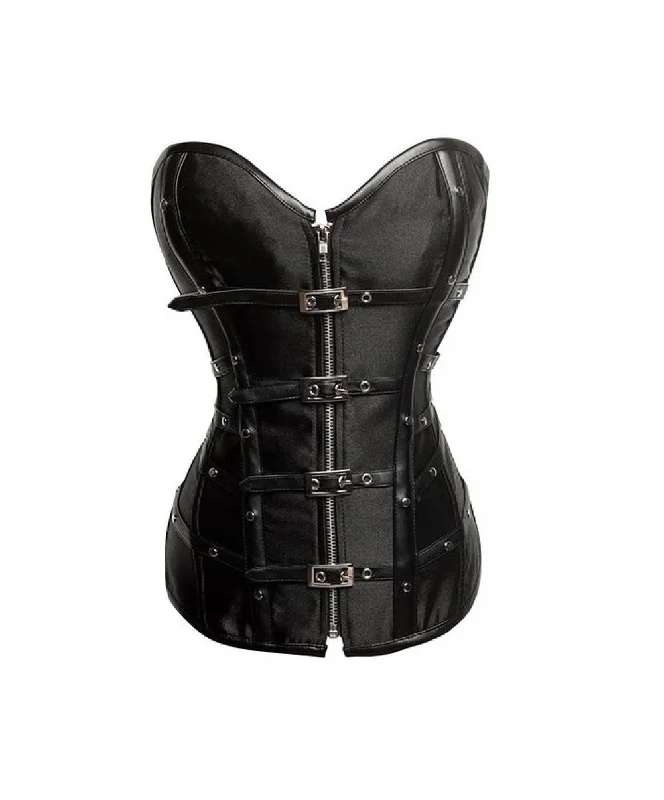 Black Satin Leather Belts Zipper LONGLINE Overbust Corset Top