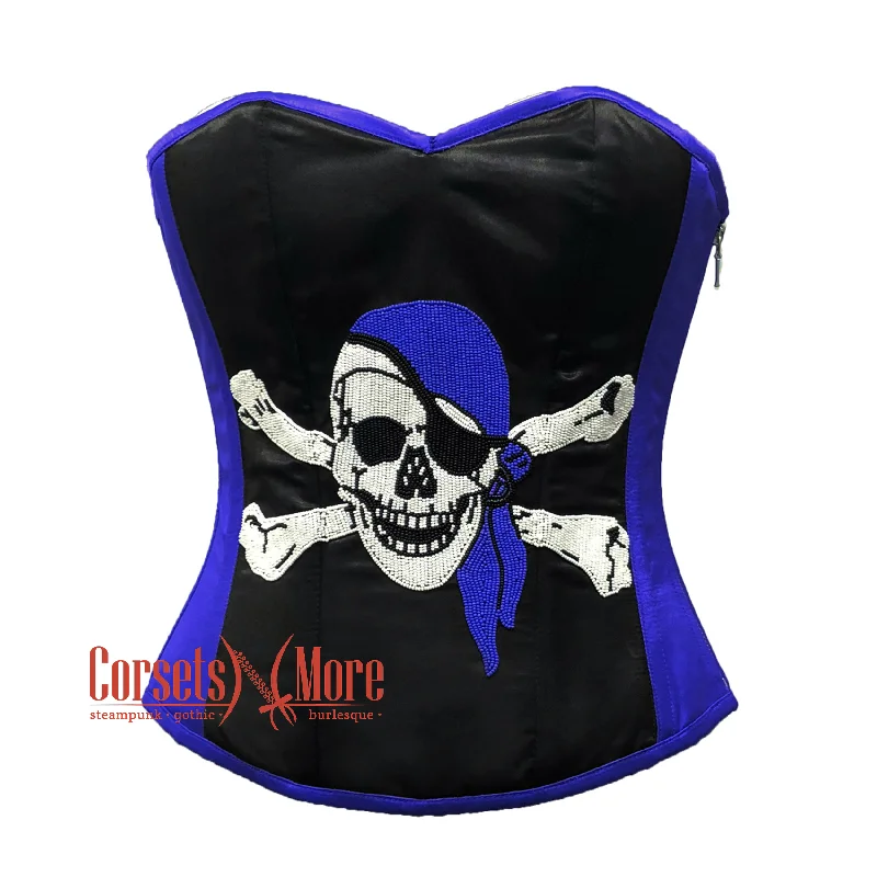 Blue and Black Satin Pirate Sequins Hand Work Costume Bustier Steampunk Waist Cincher Overbust Top