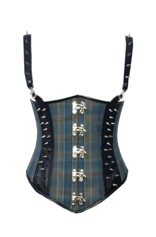 Blue Checkered Cotton Black Leather Straps Gothic Corset Steampunk Costume Waist Training Underbust Bustier Corset Top