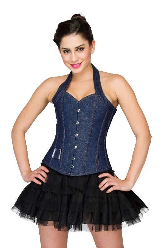 Blue Denim Halter Neck Overbust Plus Size Corset Costume Bustier Top