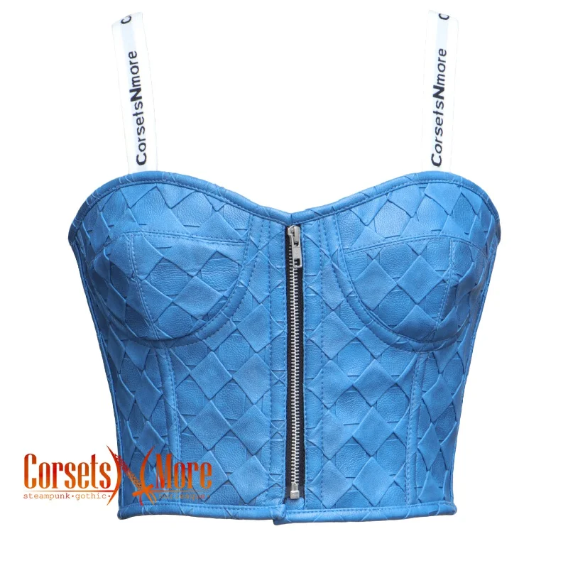 Blue Faux Leather Steampunk Gothic Bustier Crop Overbust Corset Valentine Top