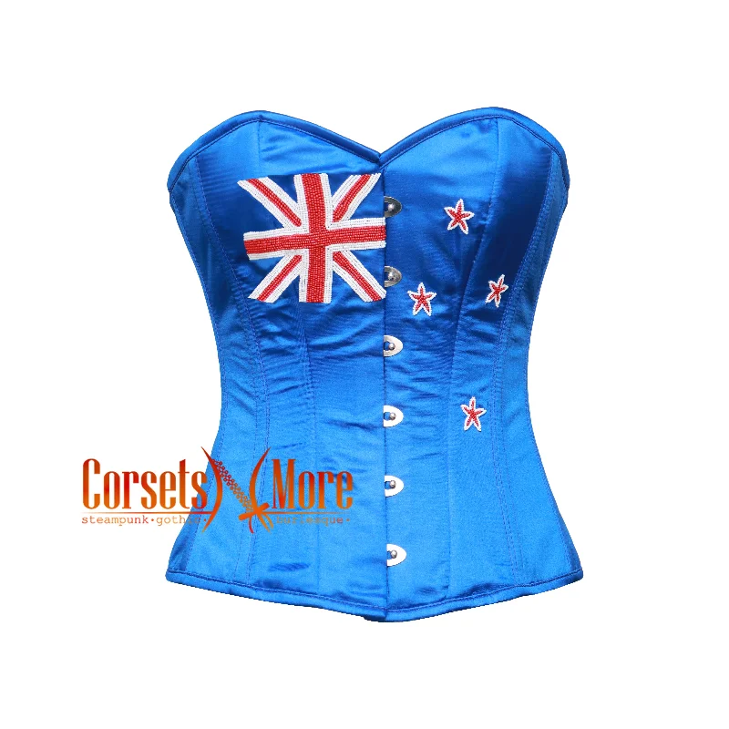 Blue Satin White Sequins New Zealand Flag Gothic Overbust Corset Union Jack Top