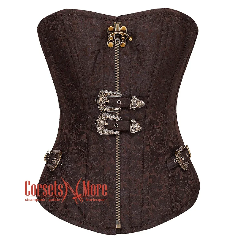 Brown Brocade Steampunk Front Antique Zipper Gothic Overbust Corset