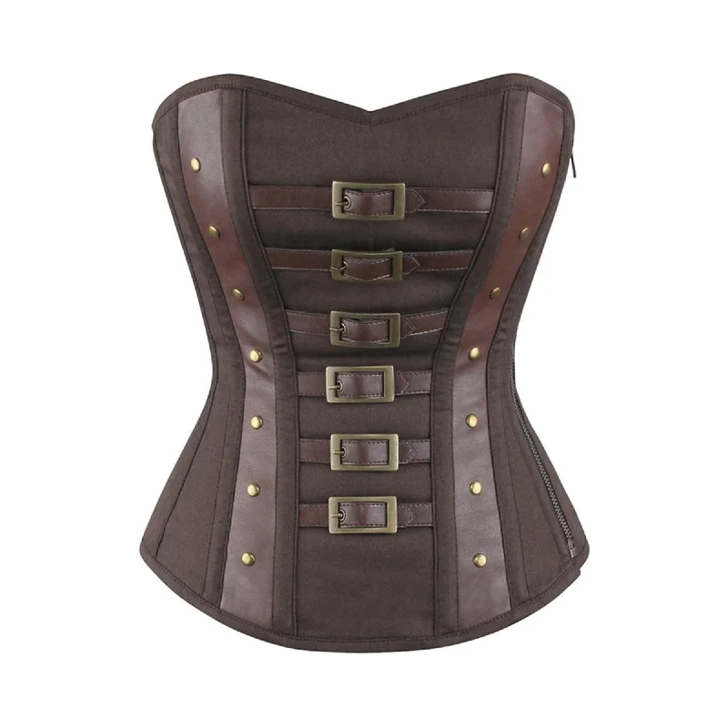 Brown Cotton Faux Leather Steampunk Overbust Corset