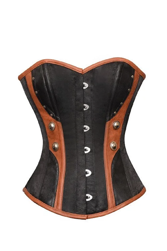 Plus Size Black Satin Corset Brown Faux Leather Halloween Costume Overbust Bustier Top