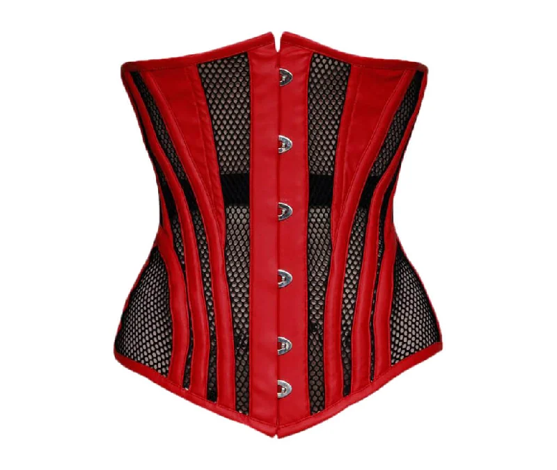 Red Satin Black Mesh Gothic Corset Waist Training LONGLINE Sheer Underbust