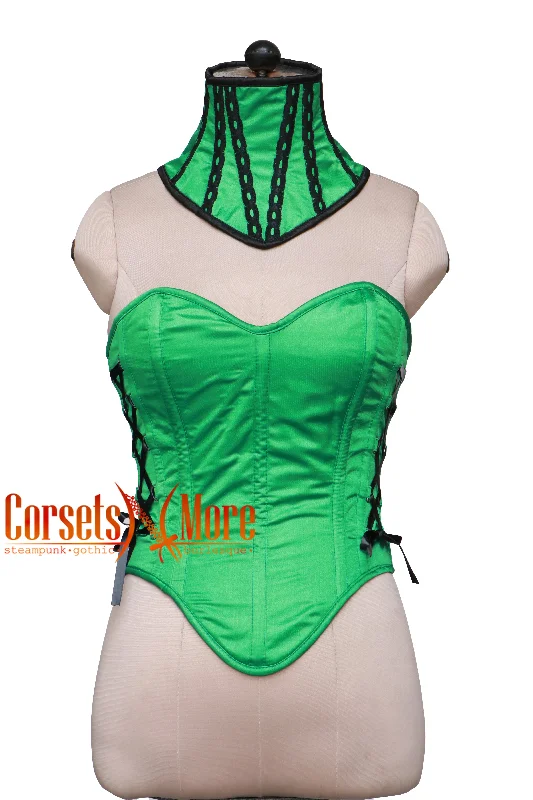 CorsetsNmore Women’s Green Satin Gothic Overbust With Neck Corset  Posture Collar Costume