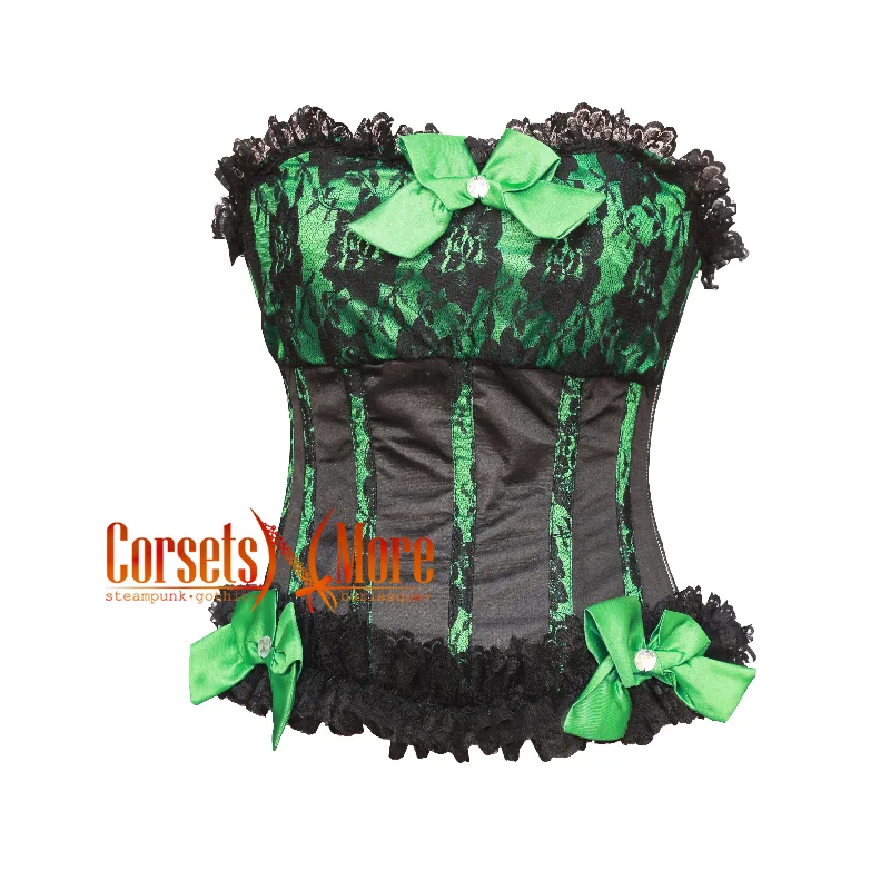 CorsetsNmore Women’s Green Satin Net Overlay Bow And Black Frill  Gothic Overbust Corset Costume