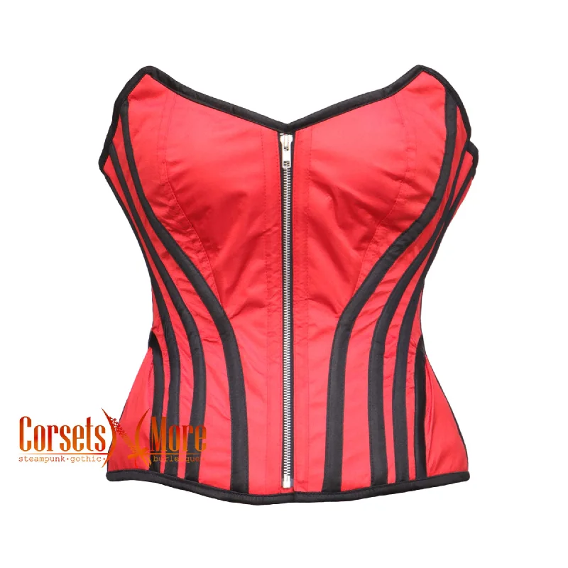 CorsetsNmore Women’s Red Satin Black Stripes Gothic Overbust Waist  Corset Bustier Costume