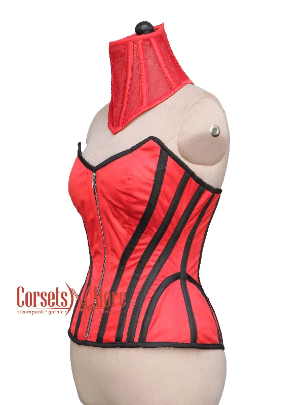 CorsetsNmore Women’s RedSatin Black Stripes Gothic Overbust With  Neck Posture Collar Corset