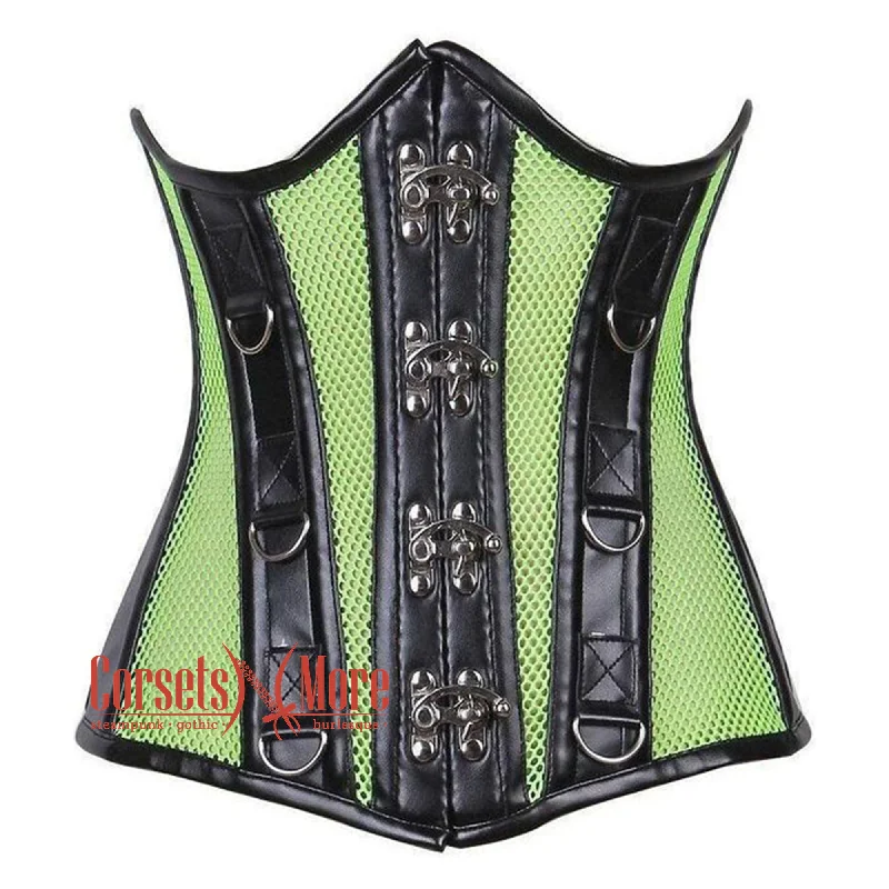 Green Mesh Black Faux Leather Steampunk Underbust Bustier Corset