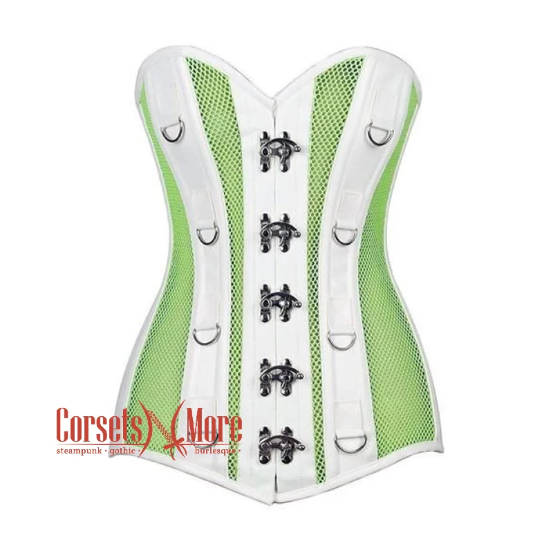 Green Mesh White Faux Leather Long Steampunk Overbust Bustier Corset