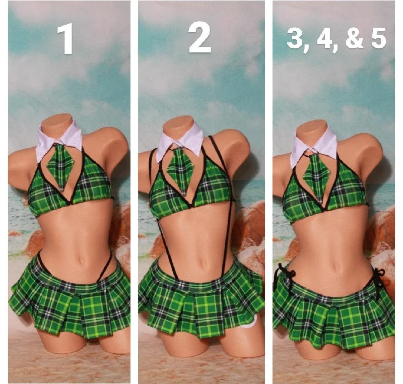 Green Plaid w/ Black Trim Sexy School Girl Costume  5 Piece Set