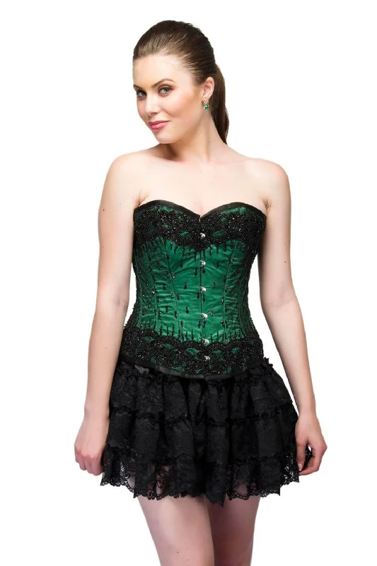 Green Satin Black Sequins Work Women Corset Overbust Top