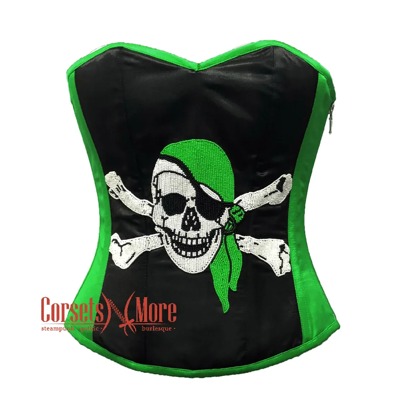 Green and Black Satin Pirate Sequins Work Costume Bustier Steampunk Waist Cincher Overbust Top