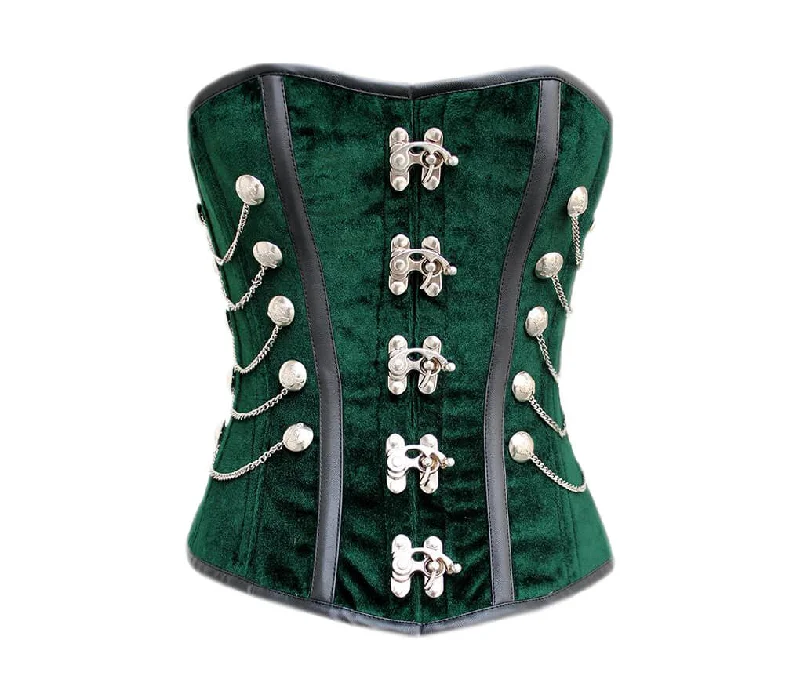 Green Velvet Faux Leather Strips Steampunk Corset Waist Training Overbust