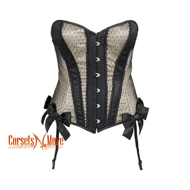 Ivory Satin Polka Dots Net Overlay  Burlesque Overbust Gothic Corset