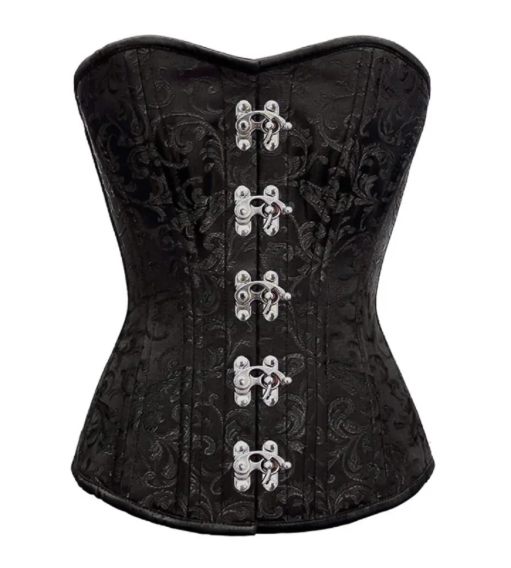 Black Brocade Spiral Steel Boned Corset Waist Training Silver Clasps Overbust  Top