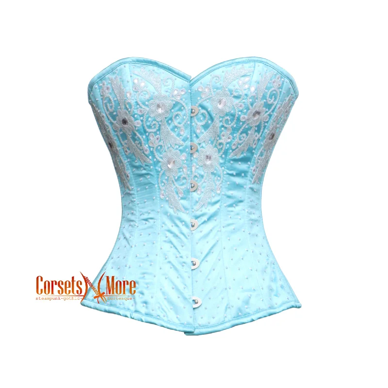 Light Blue Satin White Sequins Burlesque Overbust Corset Drag Queen Costume