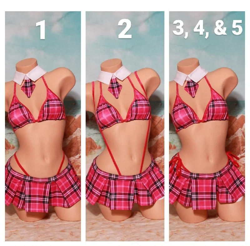 Magenta Pink Plaid w/ Magenta Trim Sexy School Girl Costume Pleaded Skirt 5 Piece Set