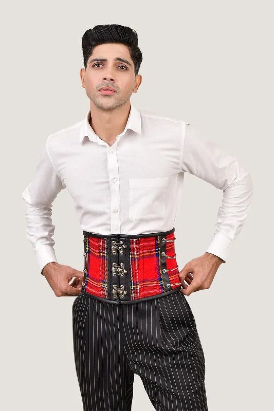 Red Tartan Men Corset Waist Cincher