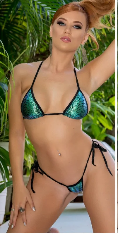 Multi Color Snake Skin Pattern w Black Trim 2 Piece Micro String Bikini Set One Size