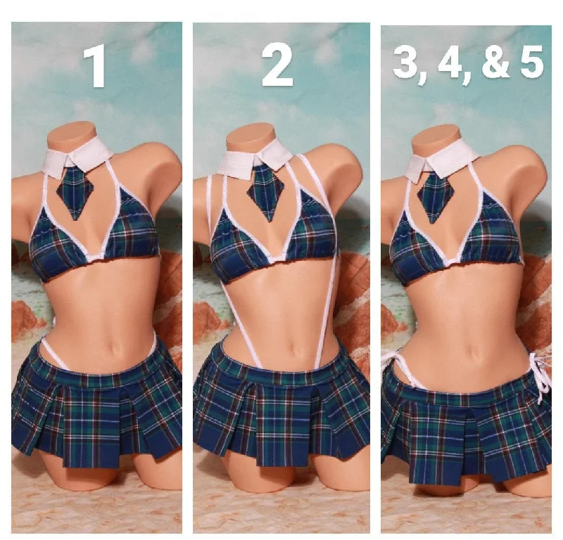 Navy Plaid w/ Your Choice Trim Sexy School Girl Costume Pleaded Skirt 5 Piece Set