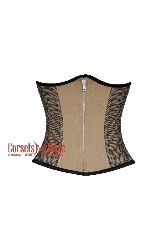 Nude Cotton With Black Sheer Gothic Costume Zipper Underbust Corset