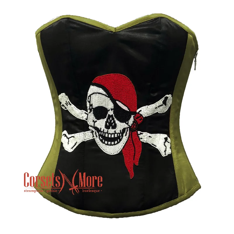 Olive Green and Black Satin Pirate Sequins Work Costume Bustier Steampunk Waist Cincher Overbust Top