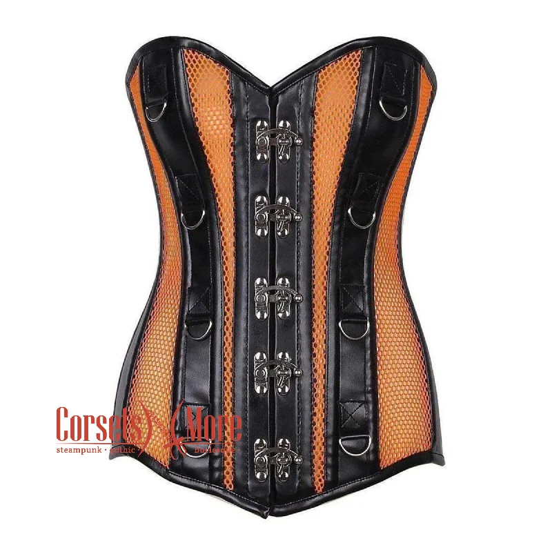 Orange Mesh Black Faux Leather Long Steampunk Overbust Bustier Corset