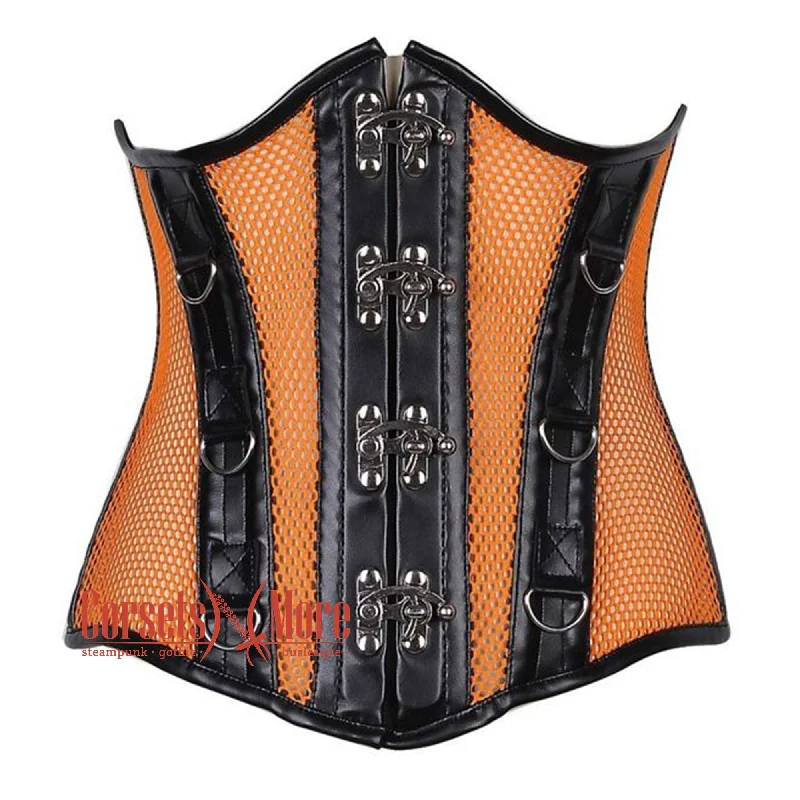 Orange Mesh Black Faux Leather Steampunk Underbust Bustier Corset