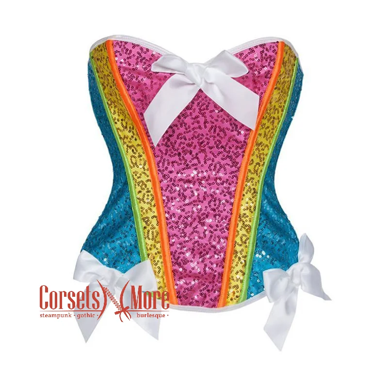 Purple Blue Yellow Satin With Front White Bow Sequin Work Overbust Rainbow Corset Burlesque Top