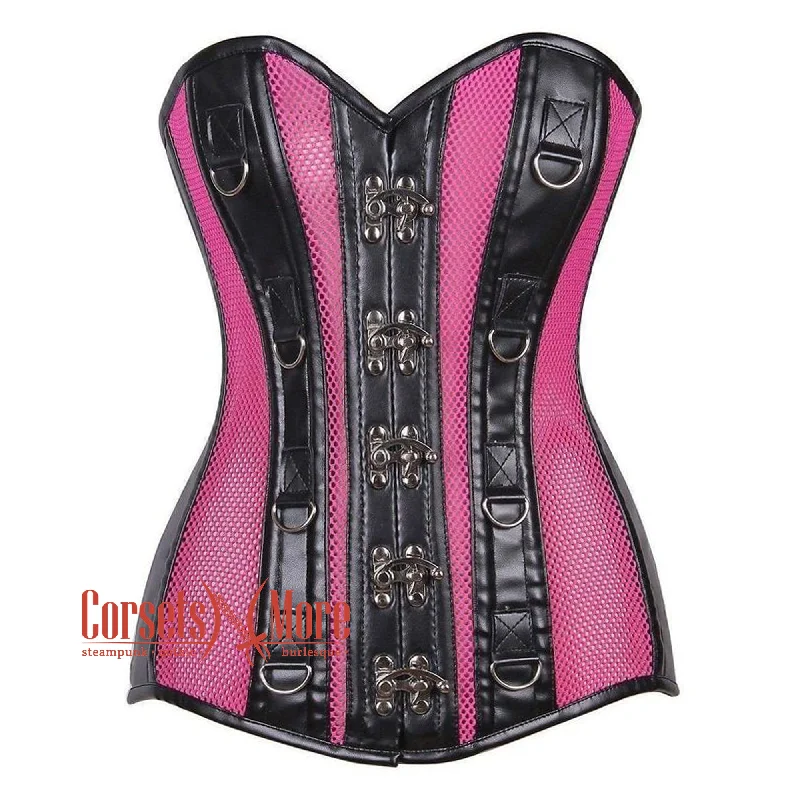 Pink Mesh Black Faux Leather Long Steampunk Overbust Bustier Corset