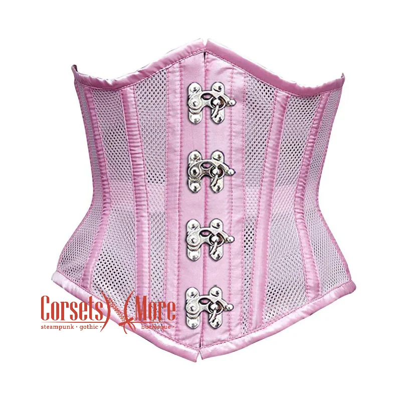 Plus size Baby Pink Mesh Satin Stripes Burlesque Gothic Front Clasps Waist Training Underbust Corset