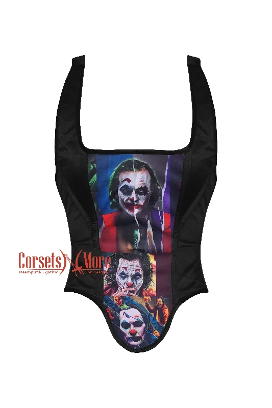 Plus Size Black Satin With Joker Print Shoulder Strap Gothic Halloween Costume Overbust Corset Waist Trainer Top