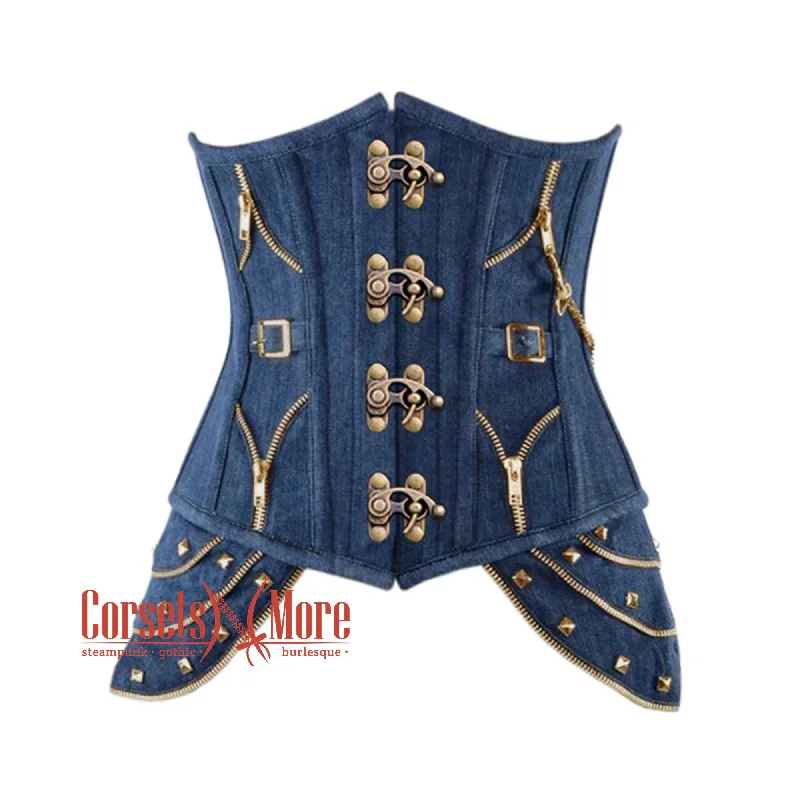 Plus Size  Blue Denim Gothic Heavy Duty Antique Clasps Steampunk Waist Training Underbust Corset