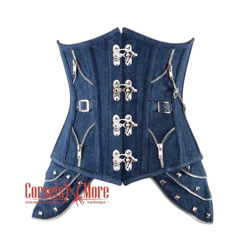 Plus Size Blue Denim Gothic Heavy Duty Front Clasps Steampunk Waist Training Underbust Corset