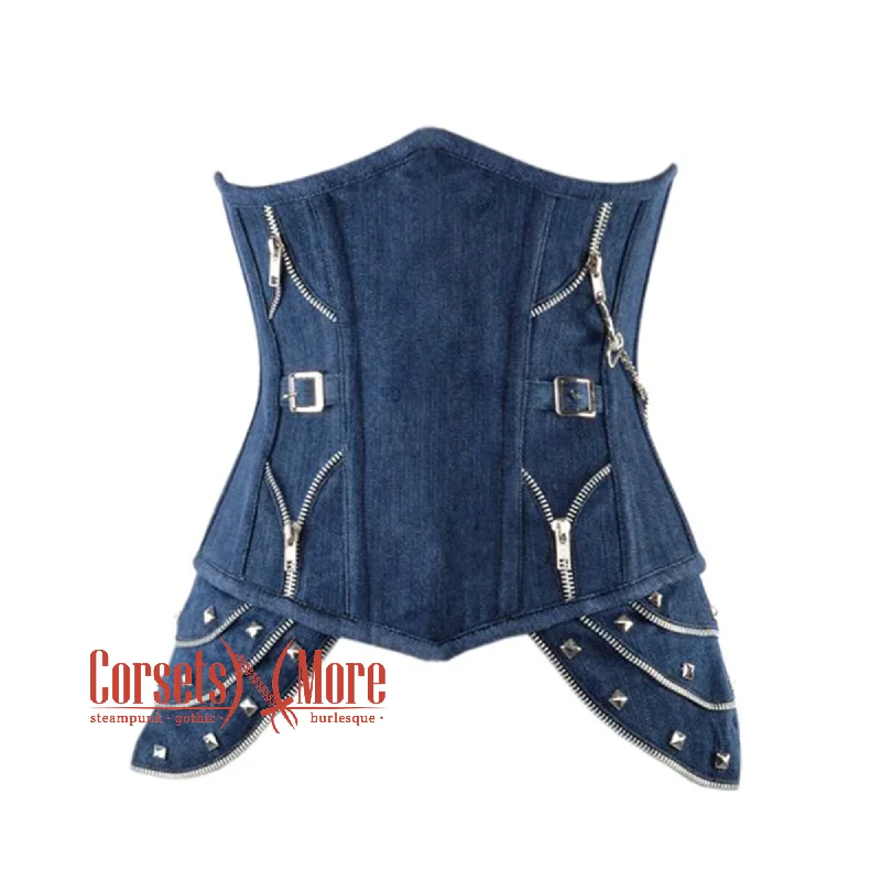 Plus Size  Blue Denim Gothic Heavy Duty Front Closed Steampunk Waist Training Underbust Corset